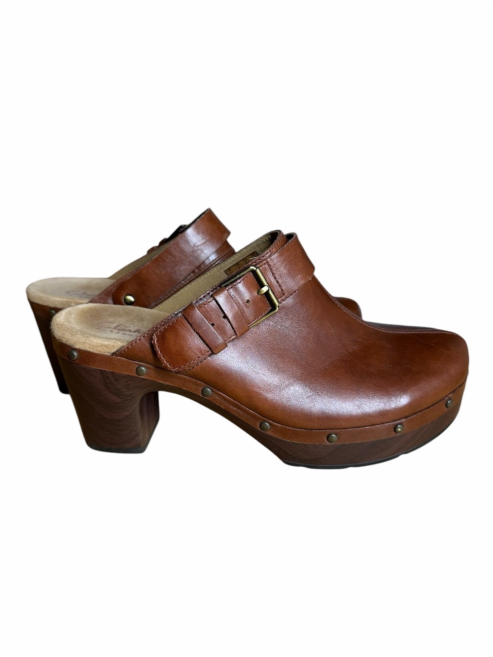 Clarks Artisan Tan Leather Clog Mules with Brass Buckle